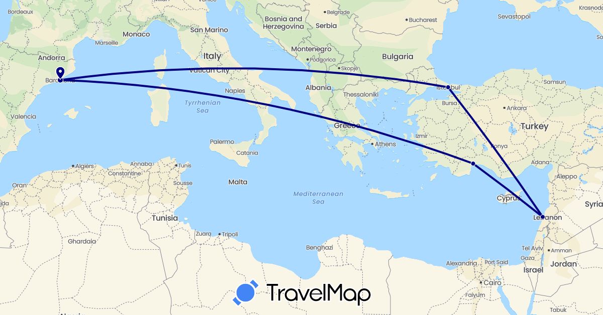 TravelMap itinerary: driving in Spain, Lebanon, Turkey (Asia, Europe)